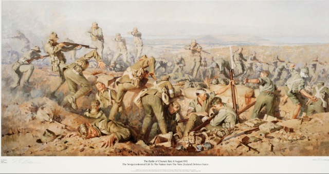 Brown, Ion G (Major), b 1943? Brown, Ion G., b 1943? :The battle of Chunuk Bair, 8 August 1915. The sesquicentennial gift to the nation from the New Zealand Defence Force... / I. G. Brown, Major, Army artist. [Wellington, New Zealand Defence Force?, 1990]. Ref: D-001-035. Alexander Turnbull Library, Wellington, New Zealand. http://natlib.govt.nz/records/22805891